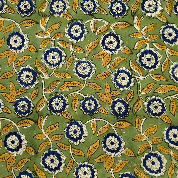 Pure Cotton Jaipuri Green With Blue Flower Jaal Hand Block Print Fabric