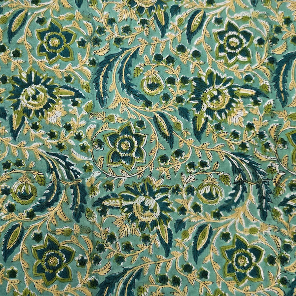 Pre Cut (0.90 Meter) Pure Cotton Jaipuri Green With Blue Jungle Flower Jaal Hand Block Print Fabric