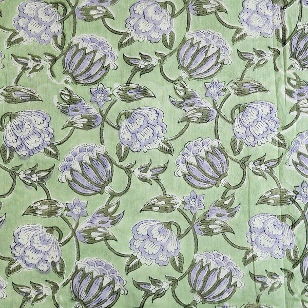 Pure Cotton Jaipuri Green With Grey And White Lotus Flower Jaal Hand Block Print Fabric