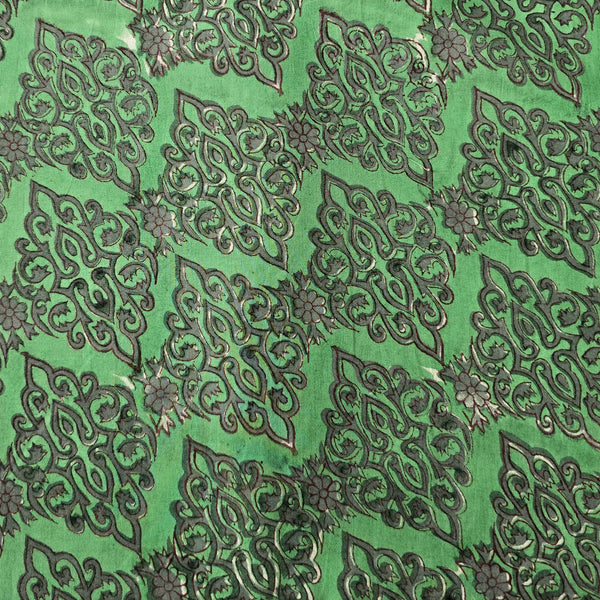 Pure Cotton Jaipuri Green With Grey Intricate Design Hand Block Print Fabric