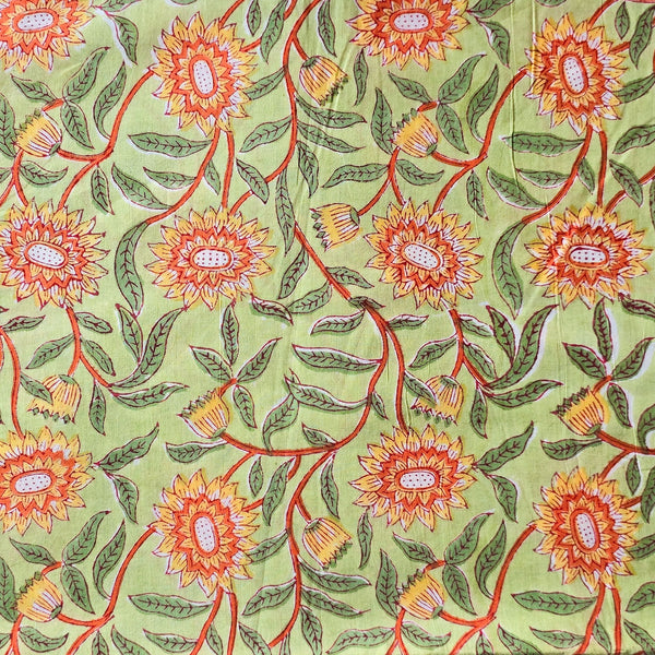 Pure Cotton Jaipuri Green With Orange And Yellow Flower Creeper Hand Block Print Fabric