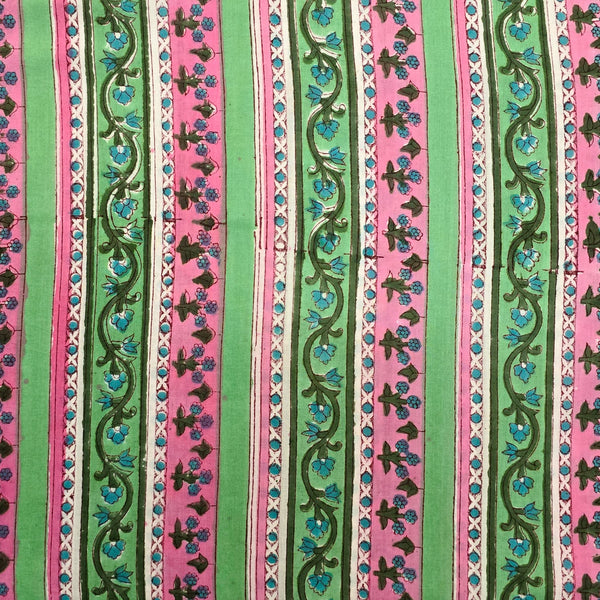 Pre Cut (0.85 Meter) Pure Cotton Jaipuri Green With Pink Border Hand Block Print Fabric