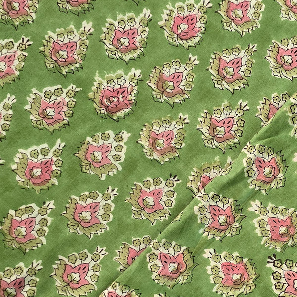 Pre Cut (0.8 Meter) Pure Cotton Jaipuri Green With Pink Flower Buds Motif Hand Block Print Fabric