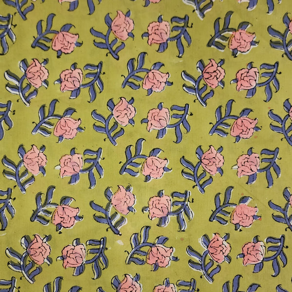 (PRE CUT 1 .11 METER )Pure Cotton Jaipuri Green With Pink Flower Hand Block Print Fabric