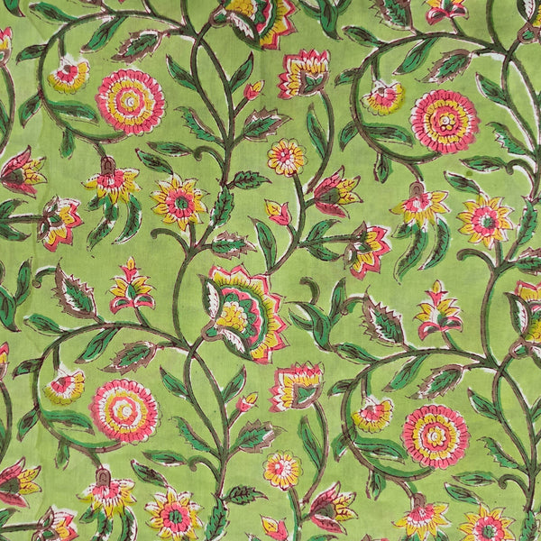 Per Cut (2.45 Meter) Pure Cotton Jaipuri Green With  Pink Flower Jaal Hand Block Print Fabric