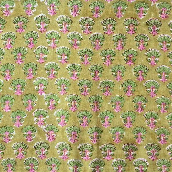 Pure Cotton Jaipuri Green With Pink Flower Motif Hand Block Print Fabric