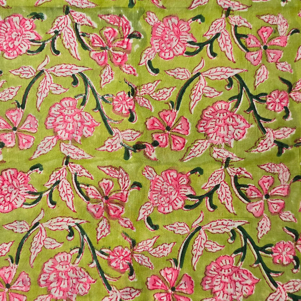 Pre-Cut (1.85 Meter) Pure Cotton Jaipuri Green With Pink Rose Flower Jaal Hand Block Print Fabric