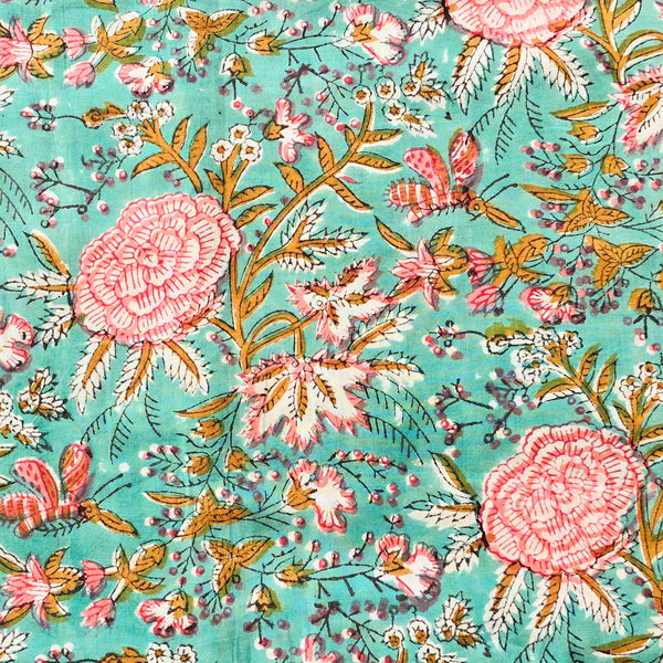 Pure Cotton Jaipuri Green With Pink Rose Flower Jaal  Hand Block Print Fabric