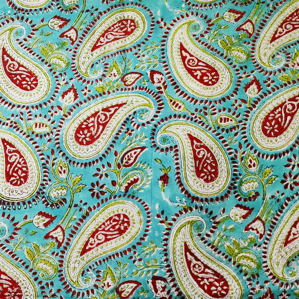 ( Pre-Cut 1.15 Meter )Pure Cotton Jaipuri Green With Red And Cream Kairi Flower Jaal Hand Block Print Fabric