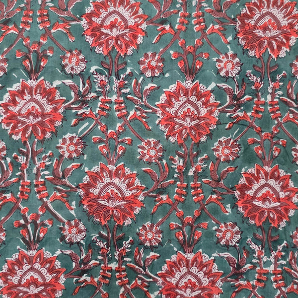 ( Pre-Cut 1.37 Meter ) Pure Cotton Jaipuri Green With  Red Wild Flower Jaal Hand Block Print Fabric