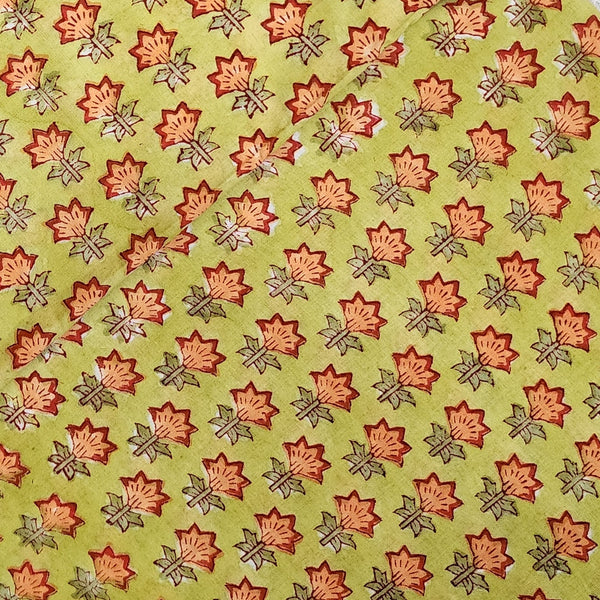 Pre Cut (0.85 Meter) Pure Cotton Jaipuri Green With Shades Of Rust Flower Motifs Hand Block Print Fabric