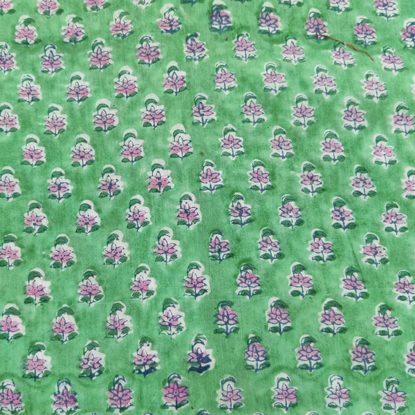 Pre-cut 2 meter Pure Cotton Jaipuri Green With Tiny Pink Motifs Hand Block Print Fabric