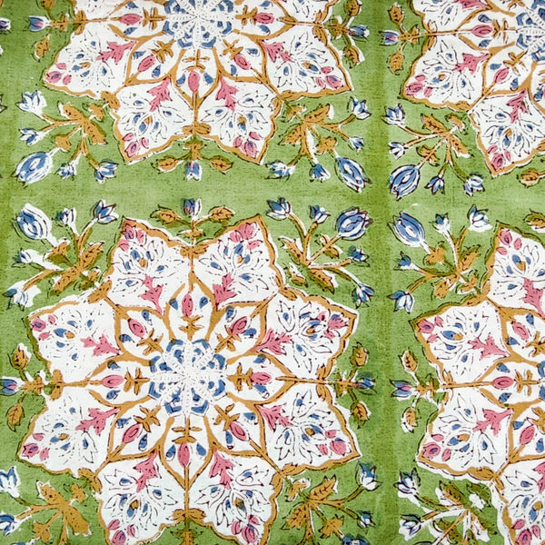 Pure Cotton Jaipuri Green With White Big Flower Motif Hand Block Print Fabric