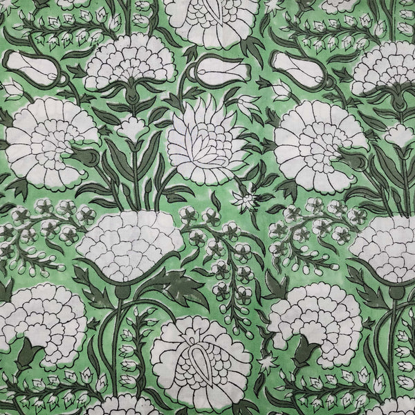 Pre-cut 1.75 meter Pure Cotton Jaipuri Green With  White Marygold Flower Jaal Hand Block Print Fabric