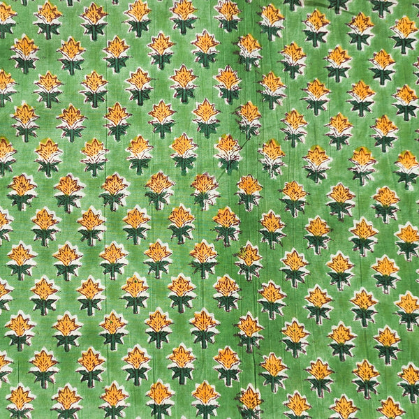 Pure Cotton Jaipuri Green With Yellow Small Flower Motif Hand Block Print Fabric