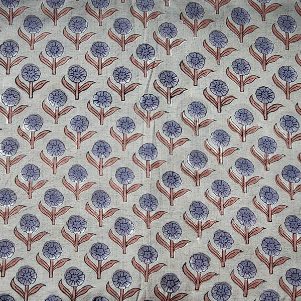 Pure Cotton Jaipuri Grey Flower Buds Motif Hand Block Print Fabric