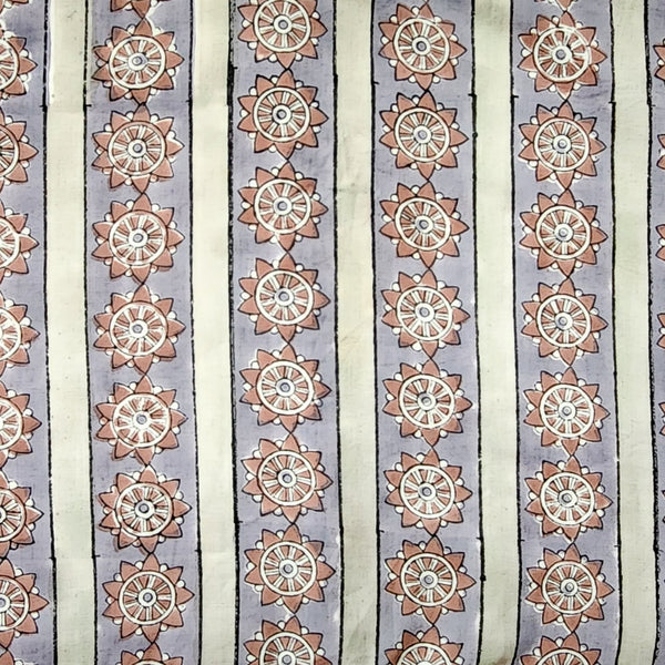 Pure Cotton Jaipuri Grey With Blue And Brown Border Hand Block Print Fabric