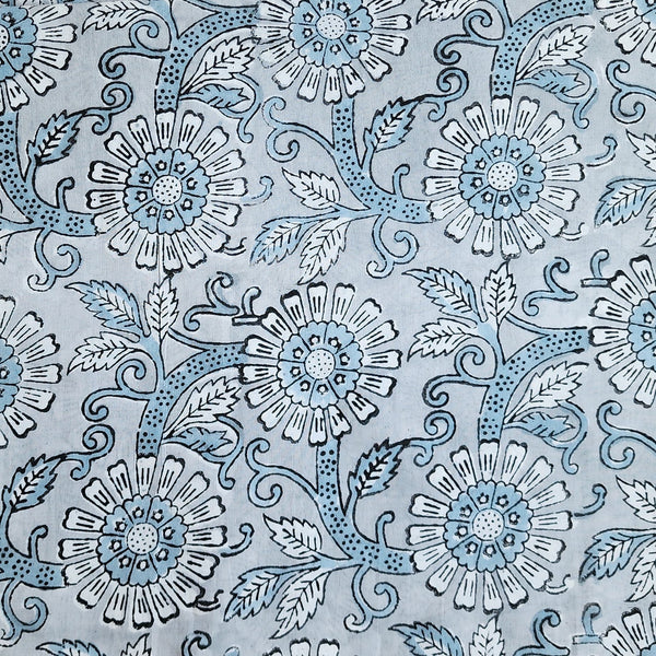 Pure Cotton Jaipuri Grey With Blue Flower Jaal Hand Block Print Fabric