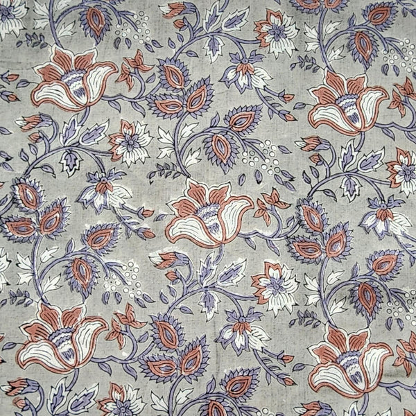 Pure Cotton Jaipuri Grey With Brown And Dark Grey Flower Jaal Hand Block Print Fabric