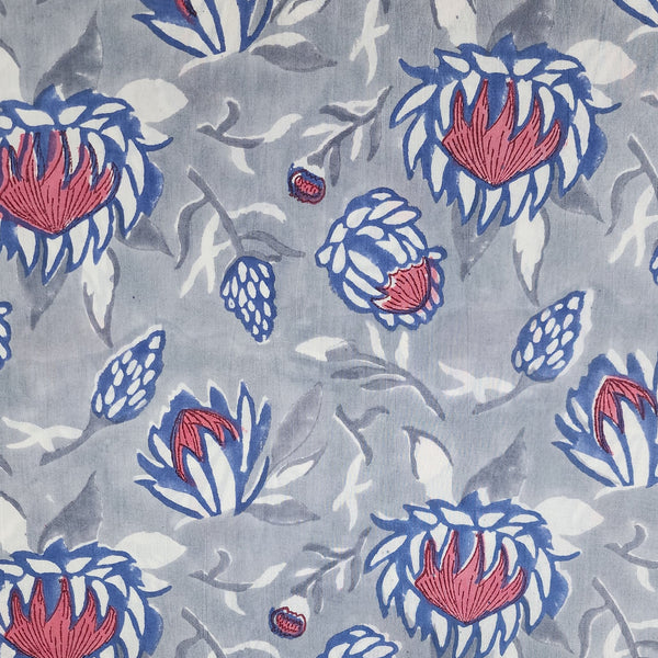 Per Cut (1.55 Meter) Pure Cotton Jaipuri Grey With Lotus Flower Hand Block Print Fabric