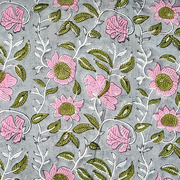 Pre Cut (1.65 Meter) Pure Cotton Jaipuri Grey With Pink Flower Jaal  Hand Block Print Fabric