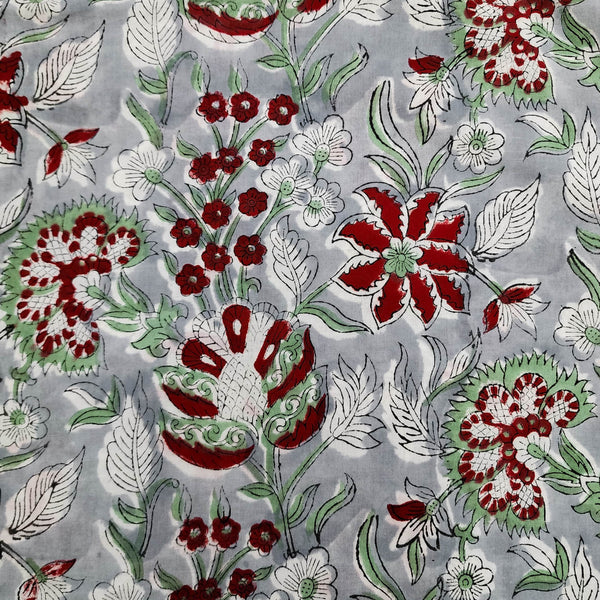 ( Pre-Cut 2 Meter ) Pure Cotton Jaipuri Grey With Red And Green Wild Flower Jaal Hand Block Print Fabric