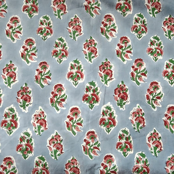 Pure Cotton Jaipuri Grey With Red Flower Buds Hand Block Print Fabric