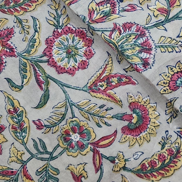 Pure Cotton Jaipuri Grey With Red Flower Jaal Hand Block Print Fabric -  Sanskruti