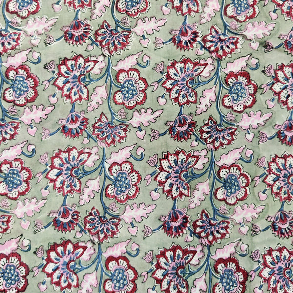 ( Pre-Cut 2.15 Meter )  Pure Cotton Jaipuri Grey With Red Flower Jaal Hand Block Print Fabric