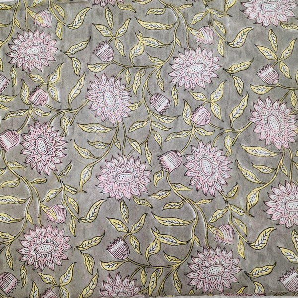 ( Pre-Cut 1.75 Meter ) Pure Cotton Jaipuri Grey With Sunflower Jaal Hand Block Print Fabric