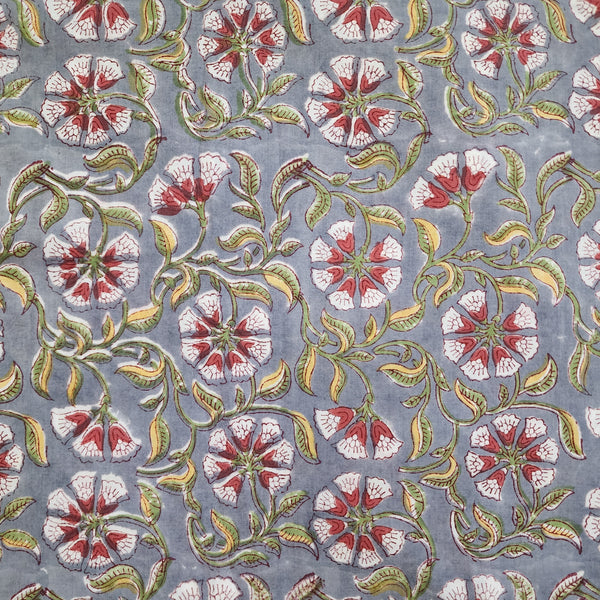 ( Pre-Cut 1.85 Meter ) Pure Cotton Jaipuri Grey With White And Red Flower Jaal Hand Block Print Fabric