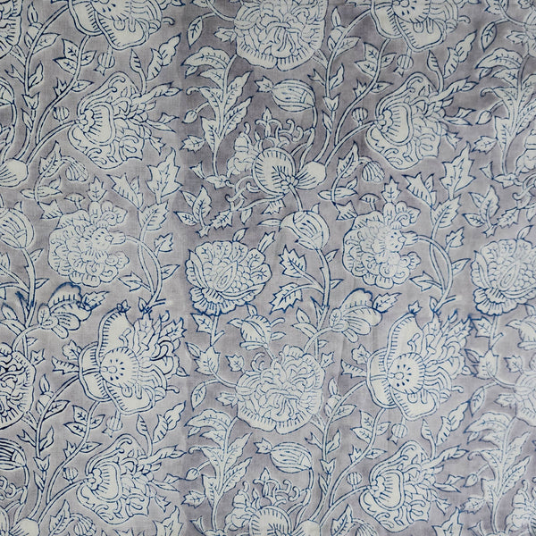 Pre Cut (1.45 Meter) Pure Cotton Jaipuri Grey With White Flower Jaal Hand Block Print Fabric