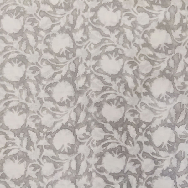 Per Cut (1 Meter) Pure Cotton Jaipuri Grey With White Flower Jaal Hand Block Print Fabric