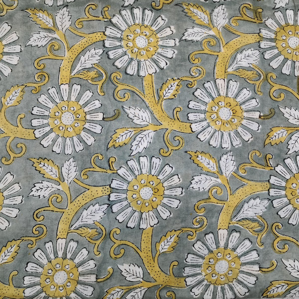 ( Pre-Cut 1.95 Meter )Pure Cotton Jaipuri Grey With White Mustard Wild Floral Jaal Hand Block Print Fabric