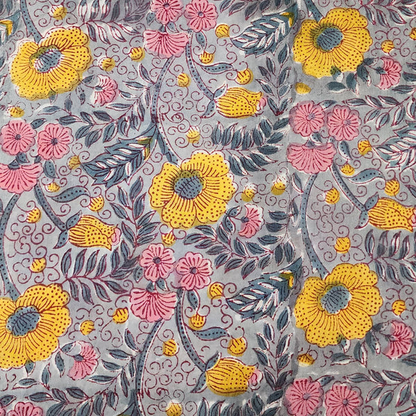 Per Cut (0.90 Meter)  Pure Cotton Jaipuri Grey With Yellow And Pink Flower Jaal Hand Block Print Fabric