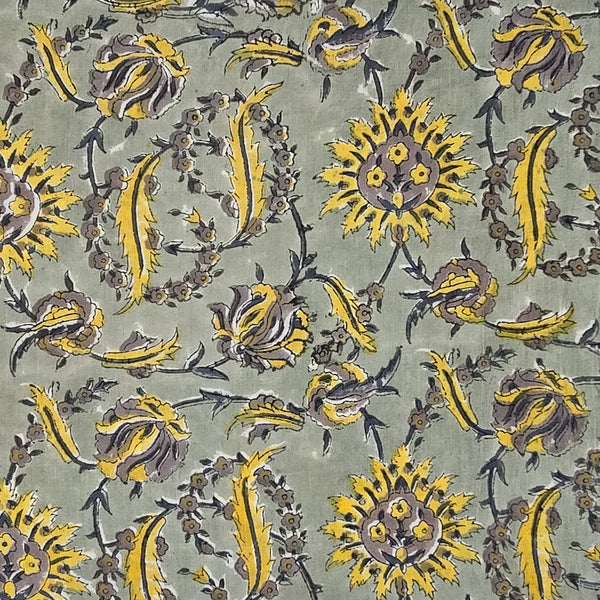 Pure Cotton Jaipuri Grey With Yellow Floral Jaal Hand Block Print Fabric