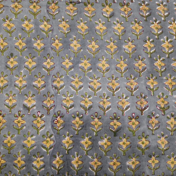 Pre-cut 1.90 meter Pure Cotton Jaipuri Grey With Yellow Tiny Flower Motif Hand Block Print Fabric