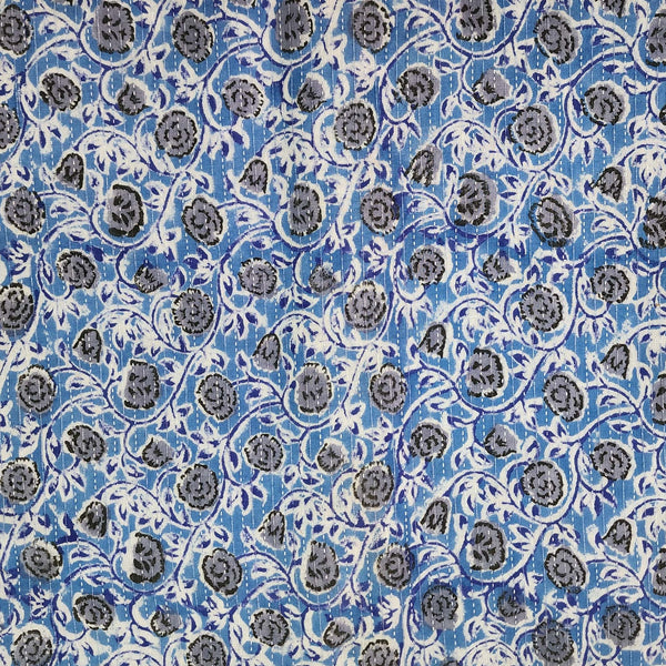 (Pre-Cut 1.20 Meter )Pure Cotton Jaipuri Kaatha Blue With Grey Flower Jaal Hand Block Print Fabric