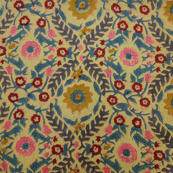 Pre Cut (0.85 Meter) Pure Cotton Jaipuri Lemon Yellow With Pink And Grey Blue Intricate Design Jaal Hand Block Print Fabric