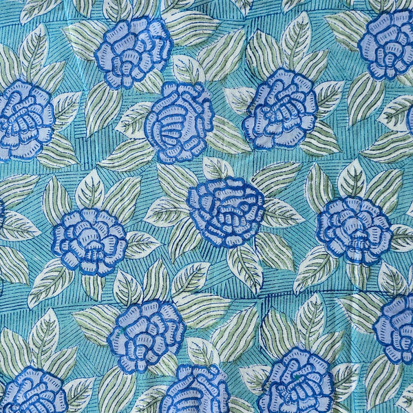 Pure Cotton Jaipuri Light Blue With Blue Rose Flower Jaal Hand Block Print Fabric