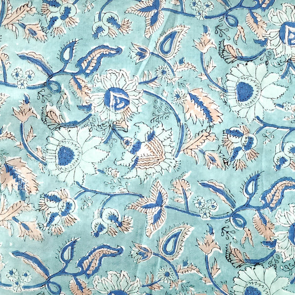 Pure Cotton Jaipuri Light Blue With Dark Blue And Light Brown Flower Jaal Hand Block Print Fabric