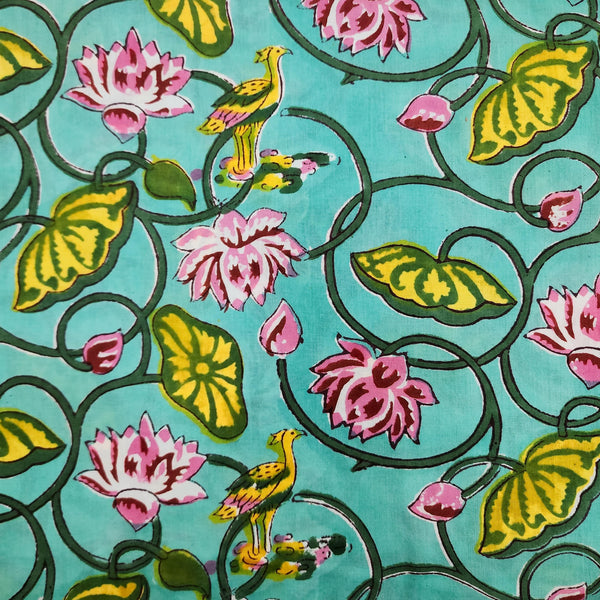 ( Pre-Cut 1.85 Meter ) Pure Cotton Jaipuri Light Blue With Green And Pink Lotus Hand Block Print Fabric