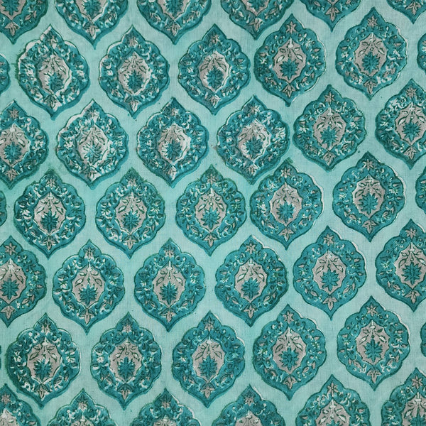 Per Cut (1.75 Meter) Pure Cotton Jaipuri Light Blue With Self Colour Leaves Motif  Hand Block Print Fabric