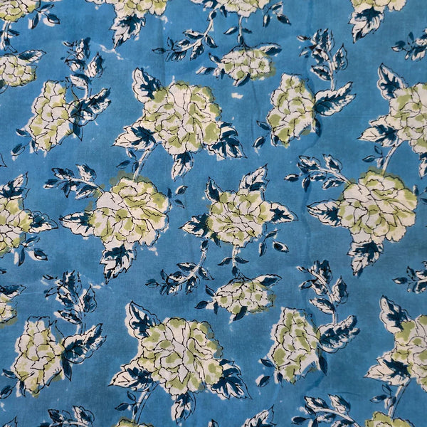 Pre-Cut 0.80 Meter Pure Cotton Jaipuri Light Blue With White And Green Jaal  Hand Block Print Fabric