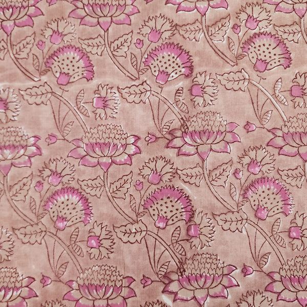 ( Pre-Cut 2.25 Meter ) Pure Cotton Jaipuri Light Brown With Light Pink Jungle Flower Jaal Hand Block Print Fabric