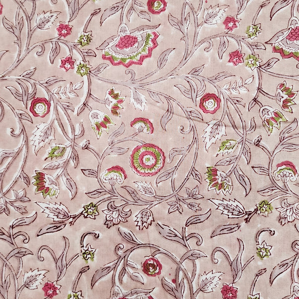 ( Pre-Cut 1.90 Meter  ) Pure Cotton Jaipuri Light Brown With Red Tiny Flower Jaal Hand Block Print Fabric