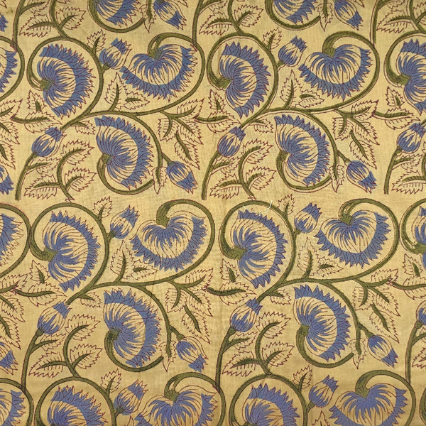 Pre Cut (1.65 Meter) Pure Cotton Jaipuri Light Cream With Blue Flower Jaal Hand Block Print Fabric