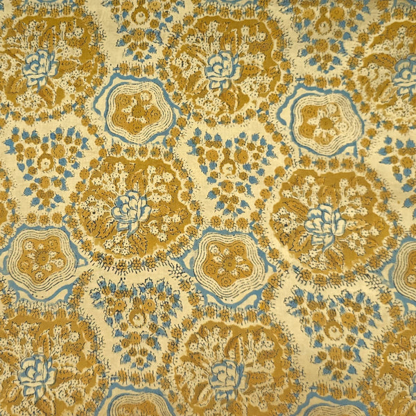 Pure Cotton Jaipuri Light Cream With Blue Flower Jaal Intricate Design Hand Block Print Fabric