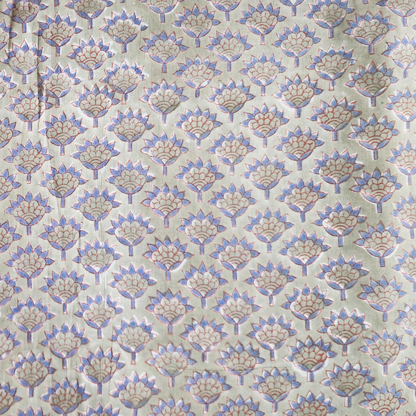 Pure Cotton Jaipuri Light Green With Blue Flower Motif Hand Block Print Fabric