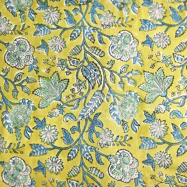 Pure Cotton Jaipuri Light Green With Blue Jungle Flower And Fruit Jaal Hand Block Print  Fabric